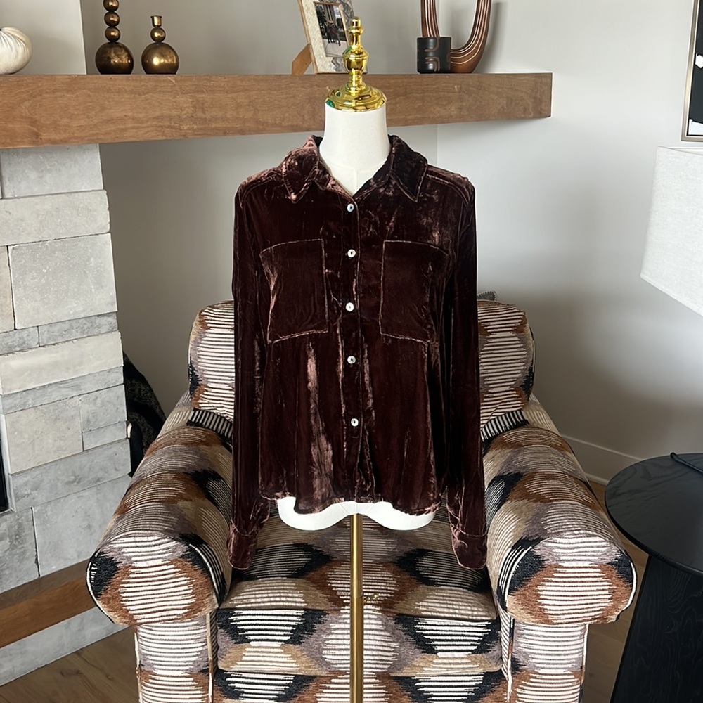 Evereve Brown Velvet Button-Down Shirt